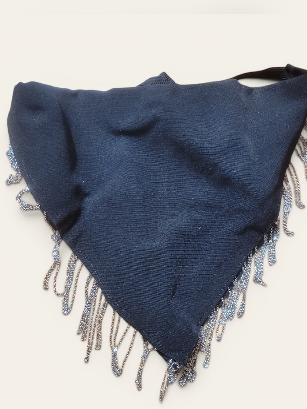 Black Fringe Bandana Scarf with Silver Beaded Tassels